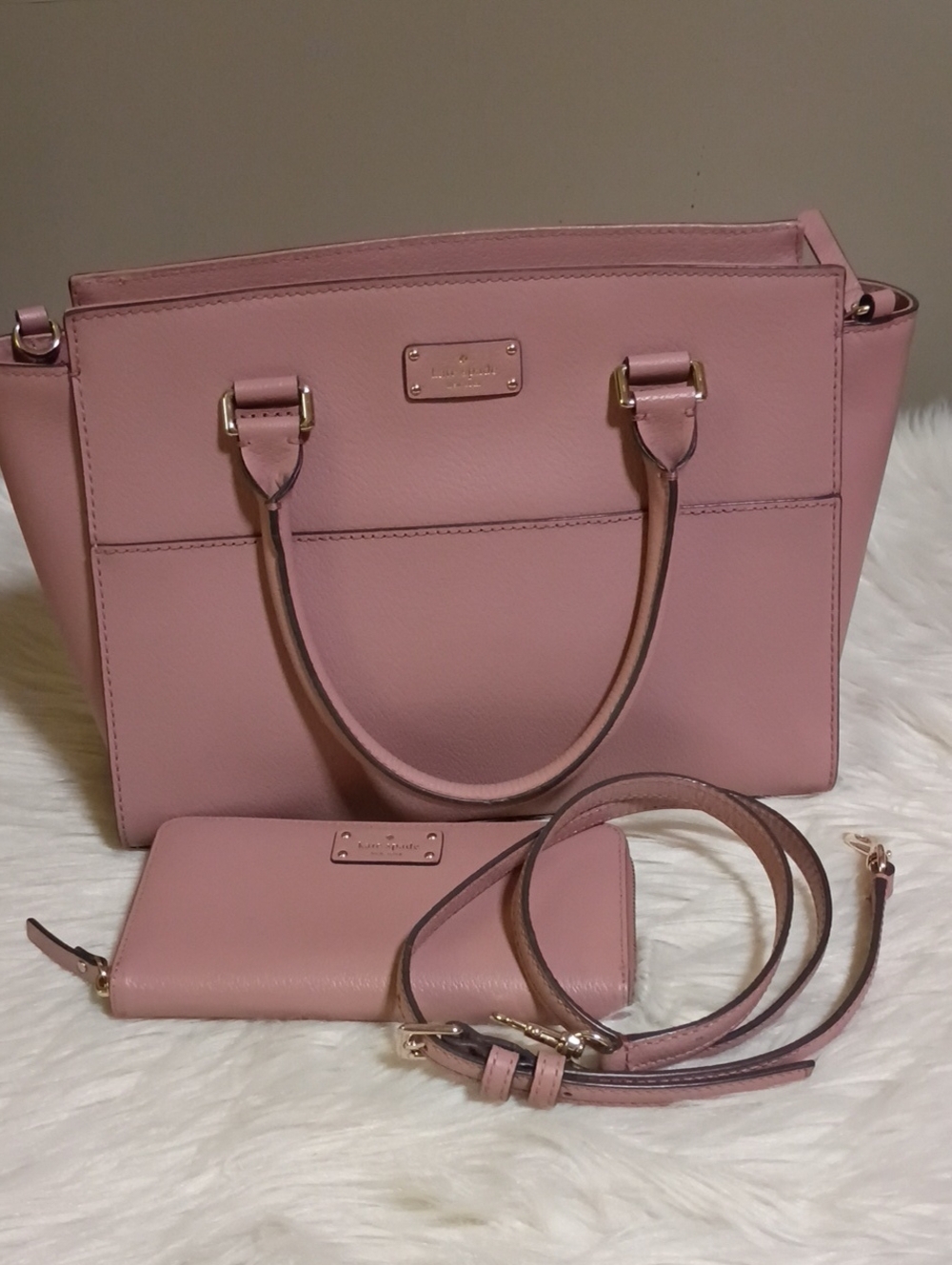 Kate spade pebble leather satchel and wallet set mauve pink